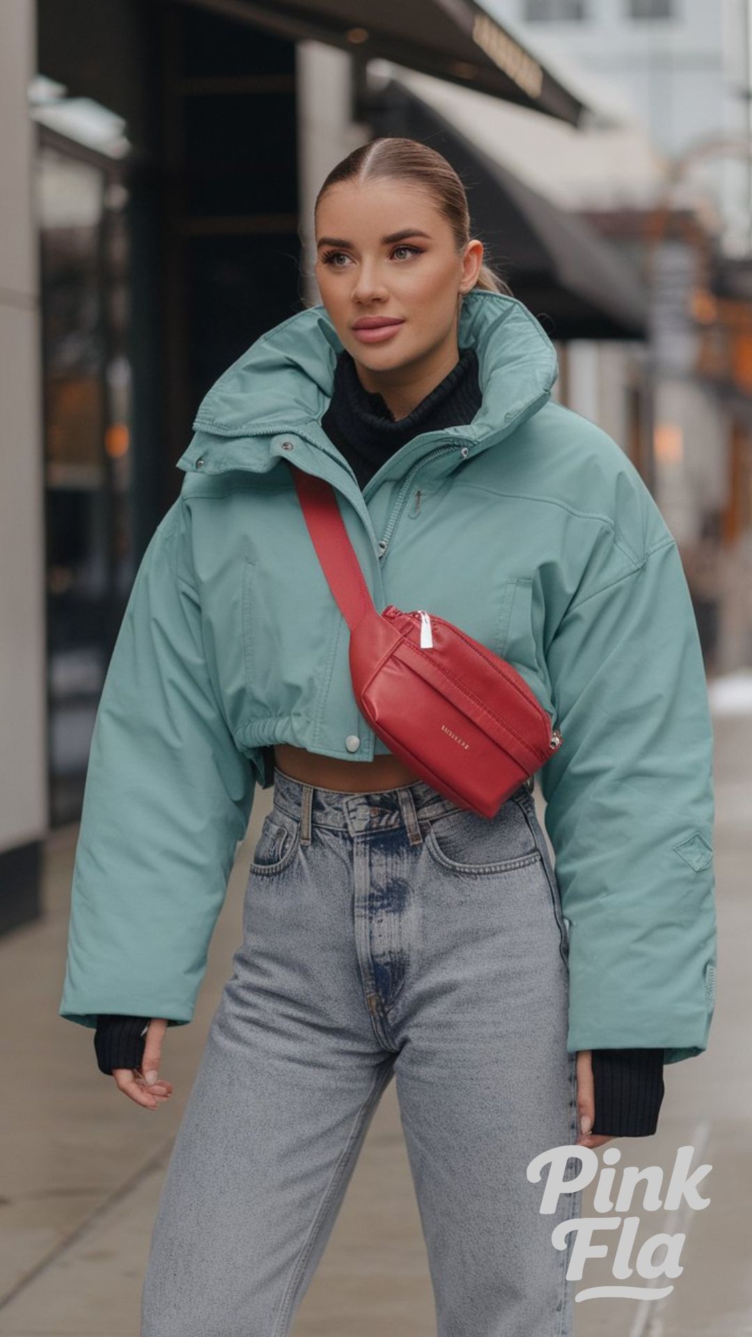 Mint Puffer and Jeans for a Sporty, Street-Style Edge - Winter Outfits with Red Bag