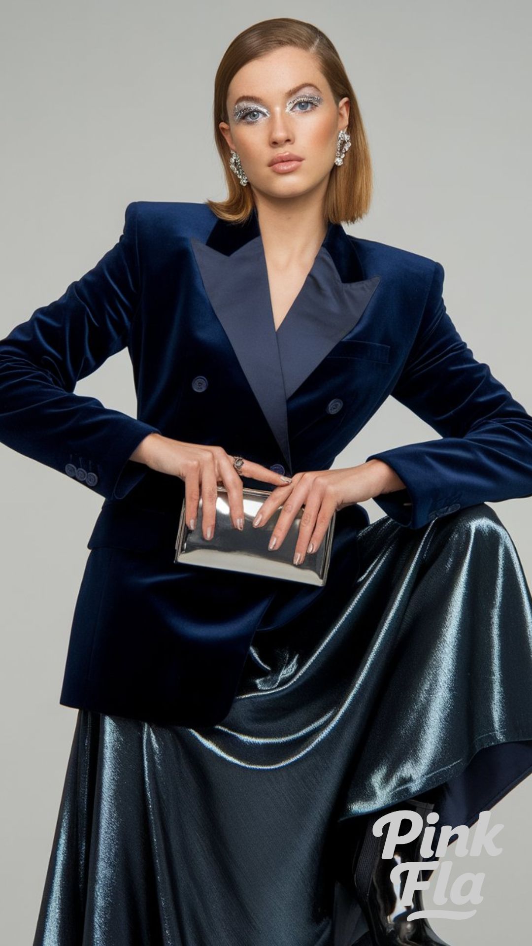 Navy Velvet Blazer with Metallic Skirt - Christmas Outfits with Boots