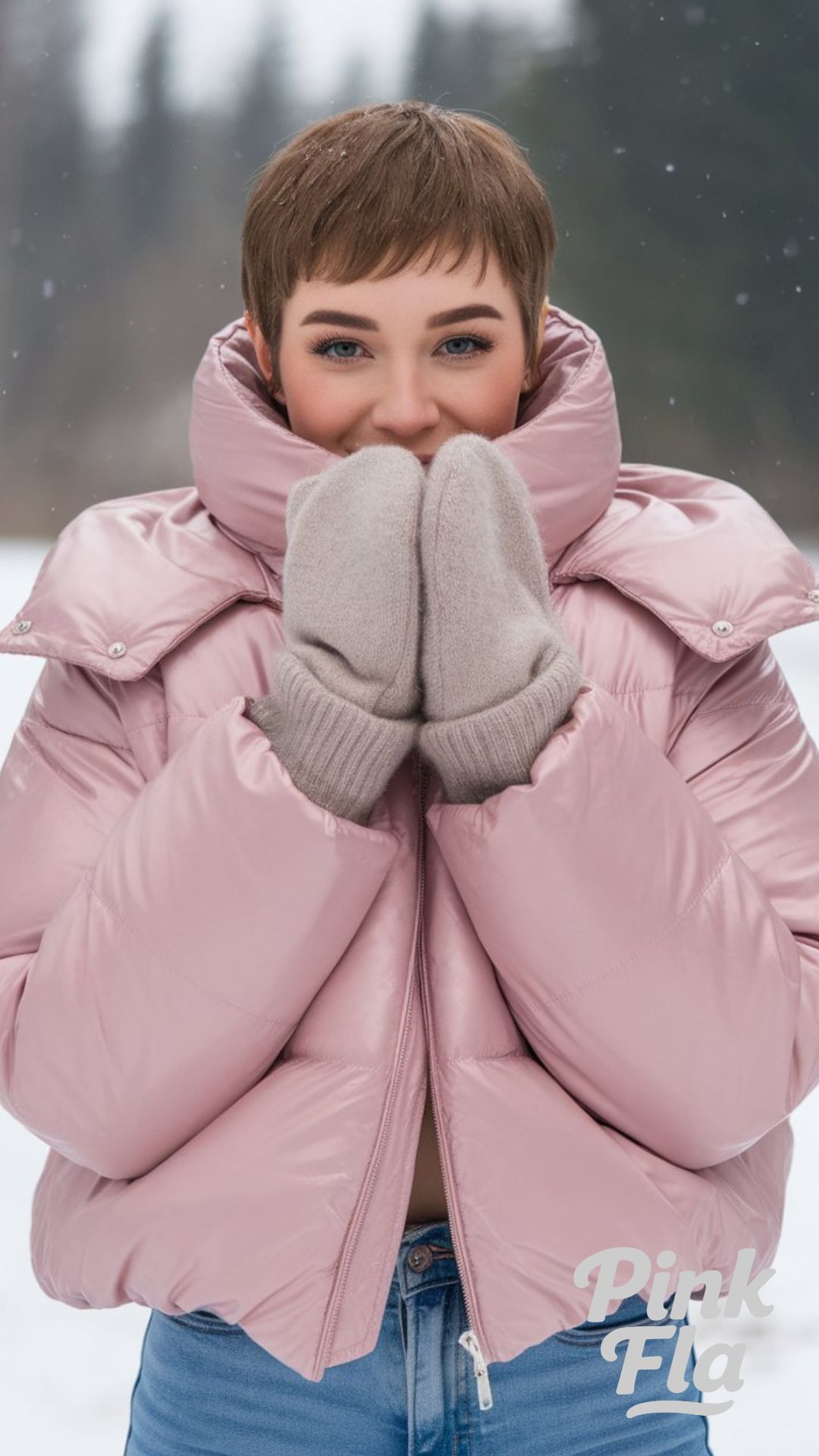 Playful Winter Look with a Pink Puffer Jacket - Winter Outfits for Women with Short Hair