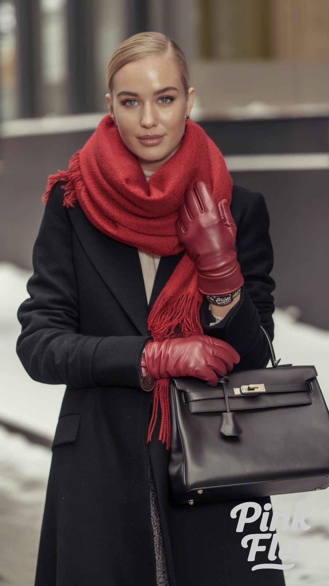 Polished Winter Ensemble with a Red Scarf and Black Coat - Winter Outfits with Red Scarf