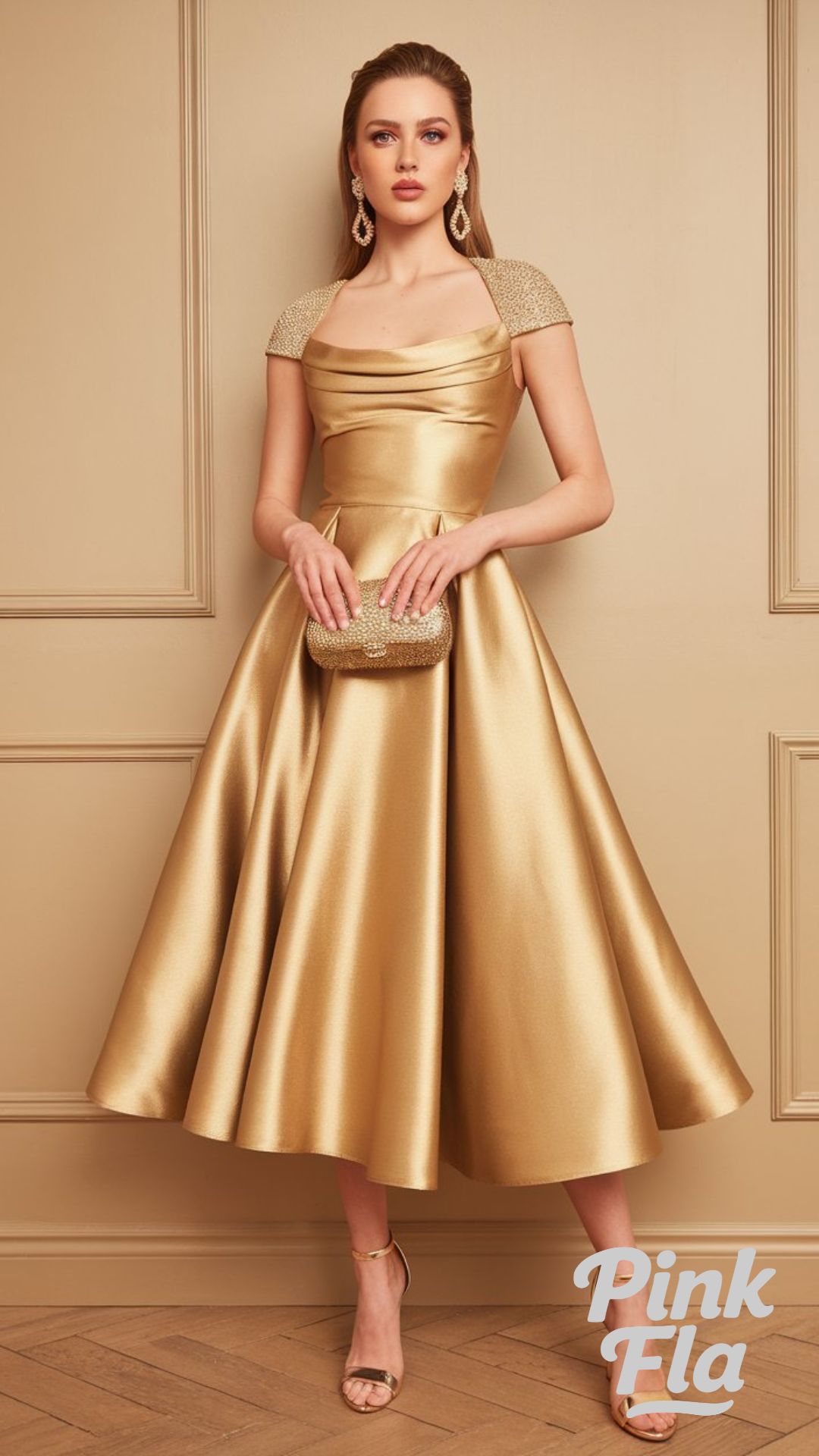 Radiate Glamour in a Golden Satin Midi Dress - Christmas Outfits with Heels