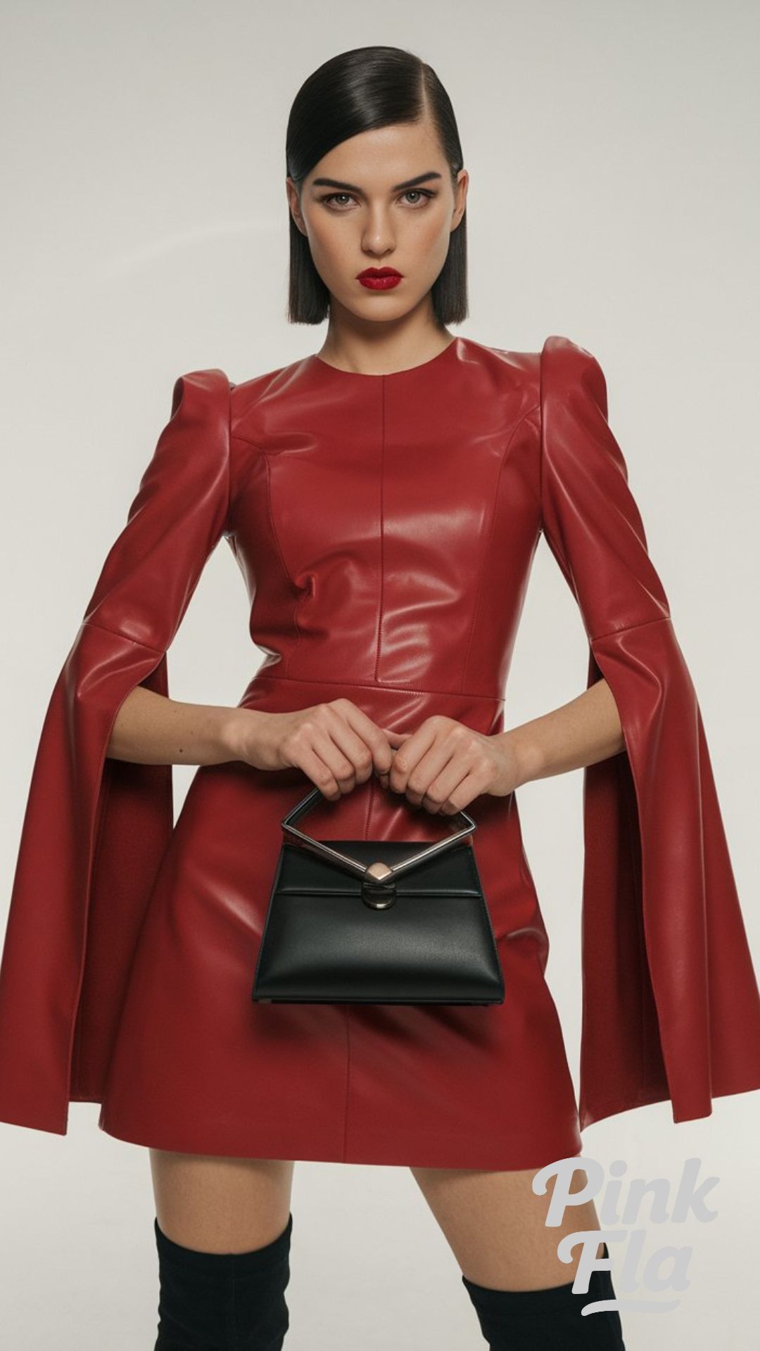 Red Faux Leather Dress with Cape Sleeves - Christmas Outfits with Boots