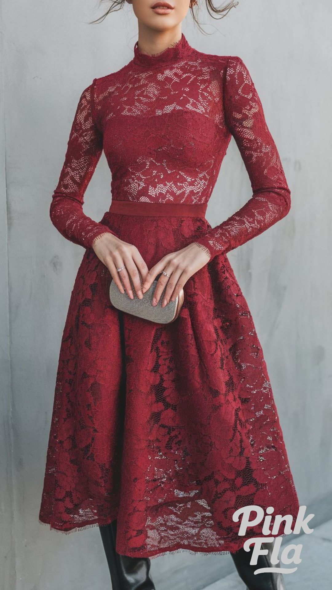 Red Lace Dress with Black Leather Boots - Christmas Outfits with Boots