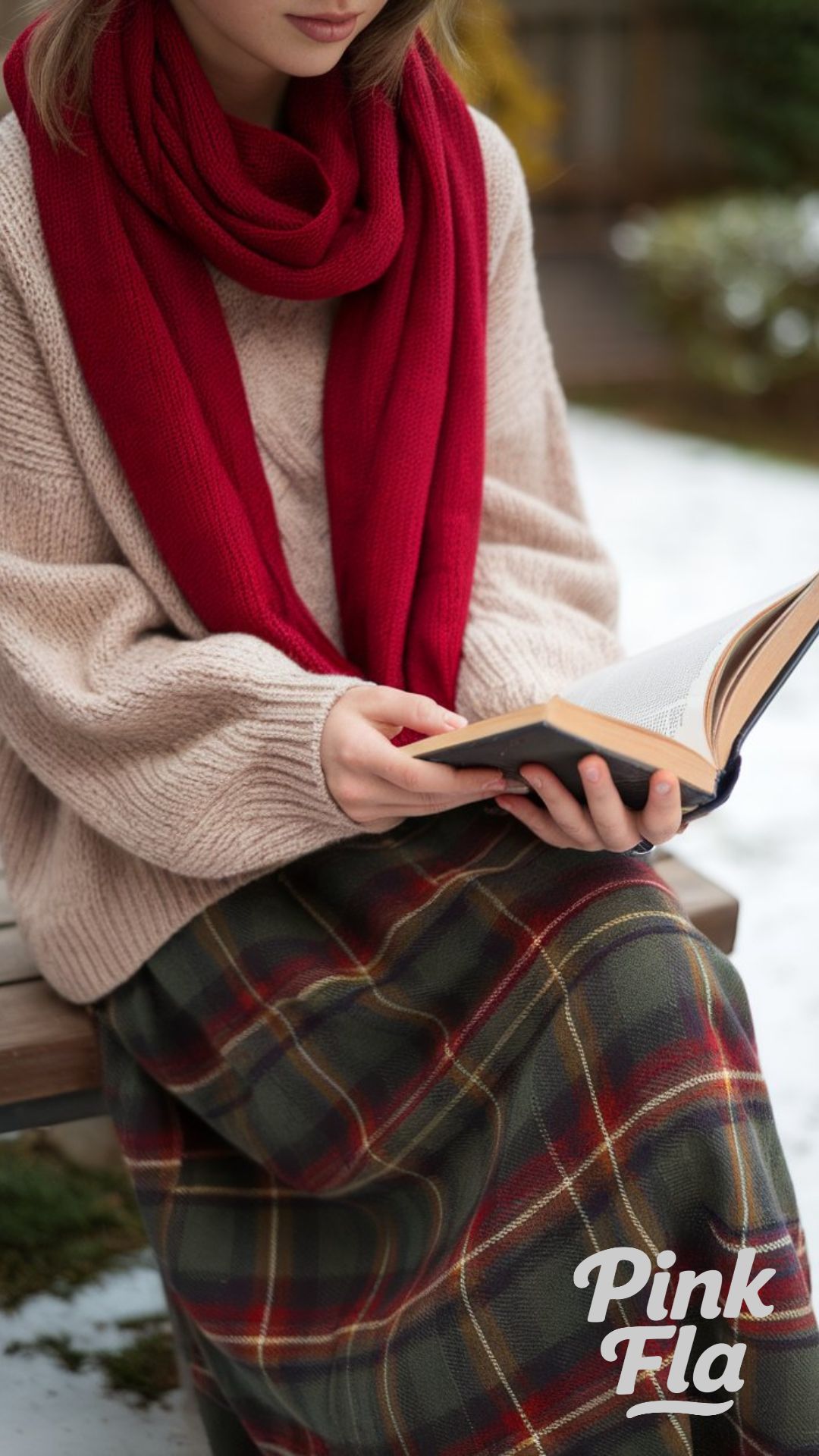 Relaxed Charm with a Red Scarf and Plaid Skirt - Winter Outfits with Red Scarf