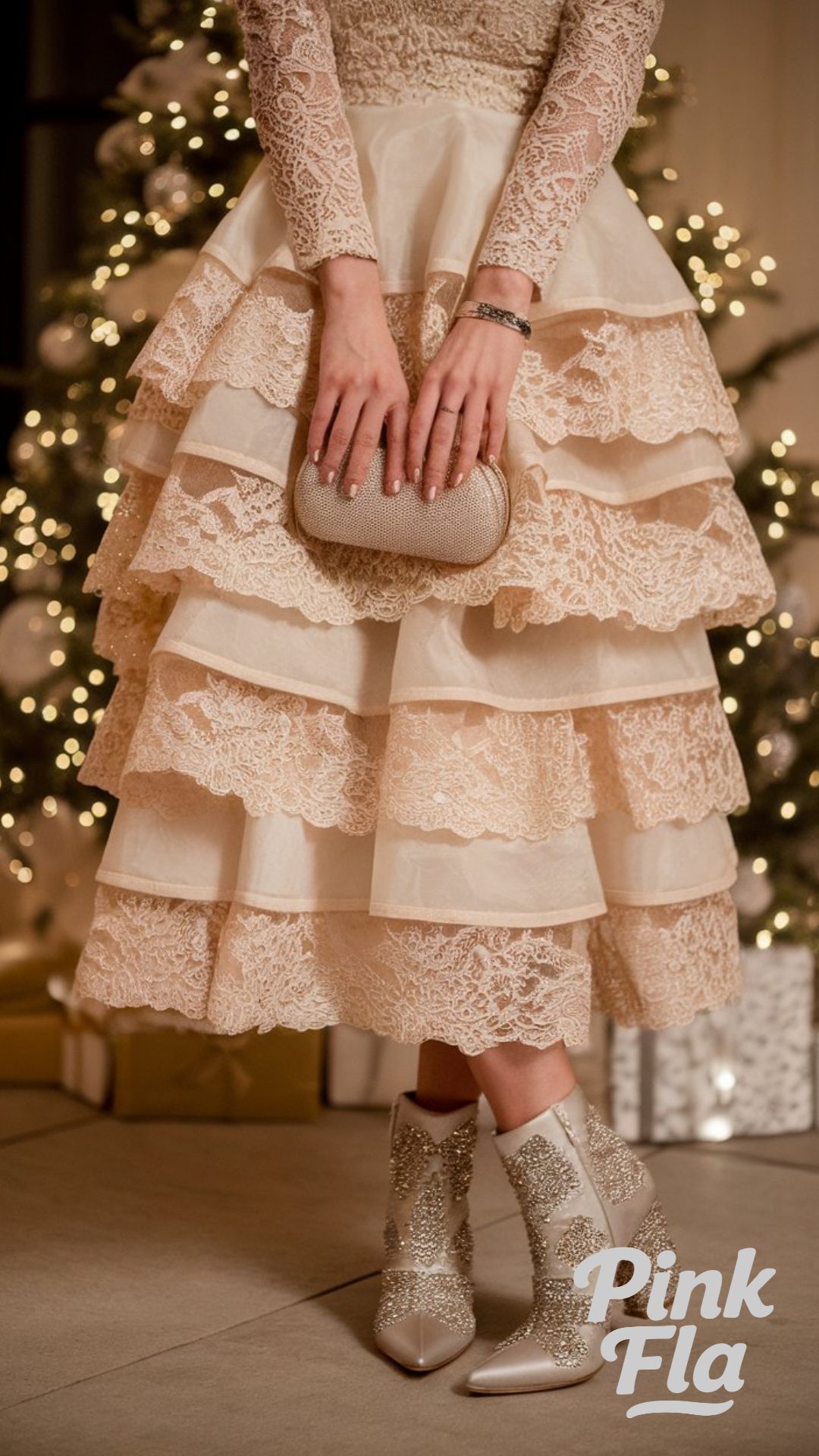Romantic Lace Tiered Dress with Sparkling Boots - Christmas Outfits with Ankle Boots