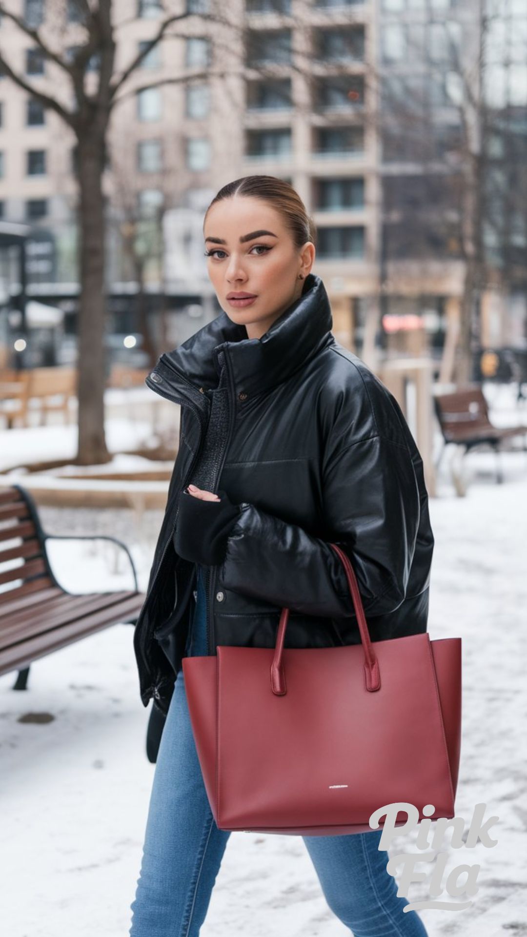 Sleek Urban Winter Ensemble with a Statement Tote - Winter Outfits with Red Bag