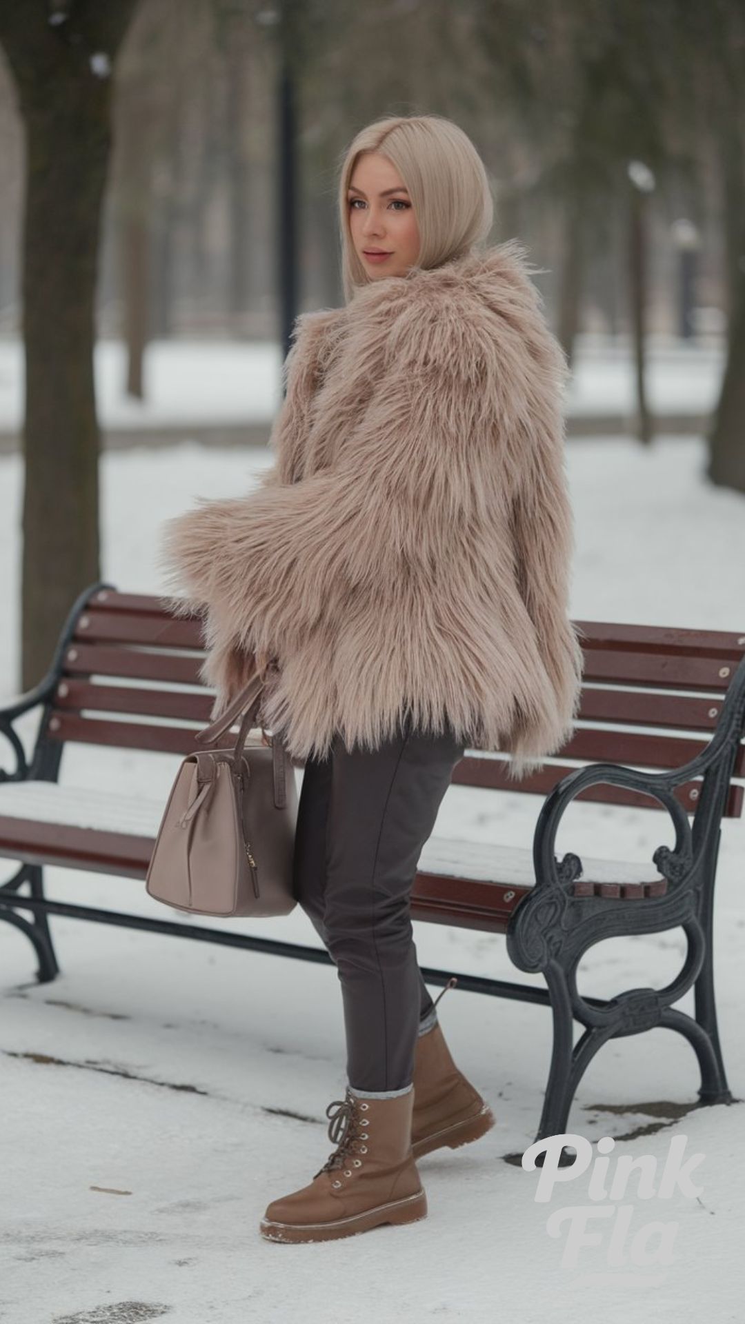 Soft Neutrals in Cozy Faux Fur and Leather - Winter Outfits for Short Women