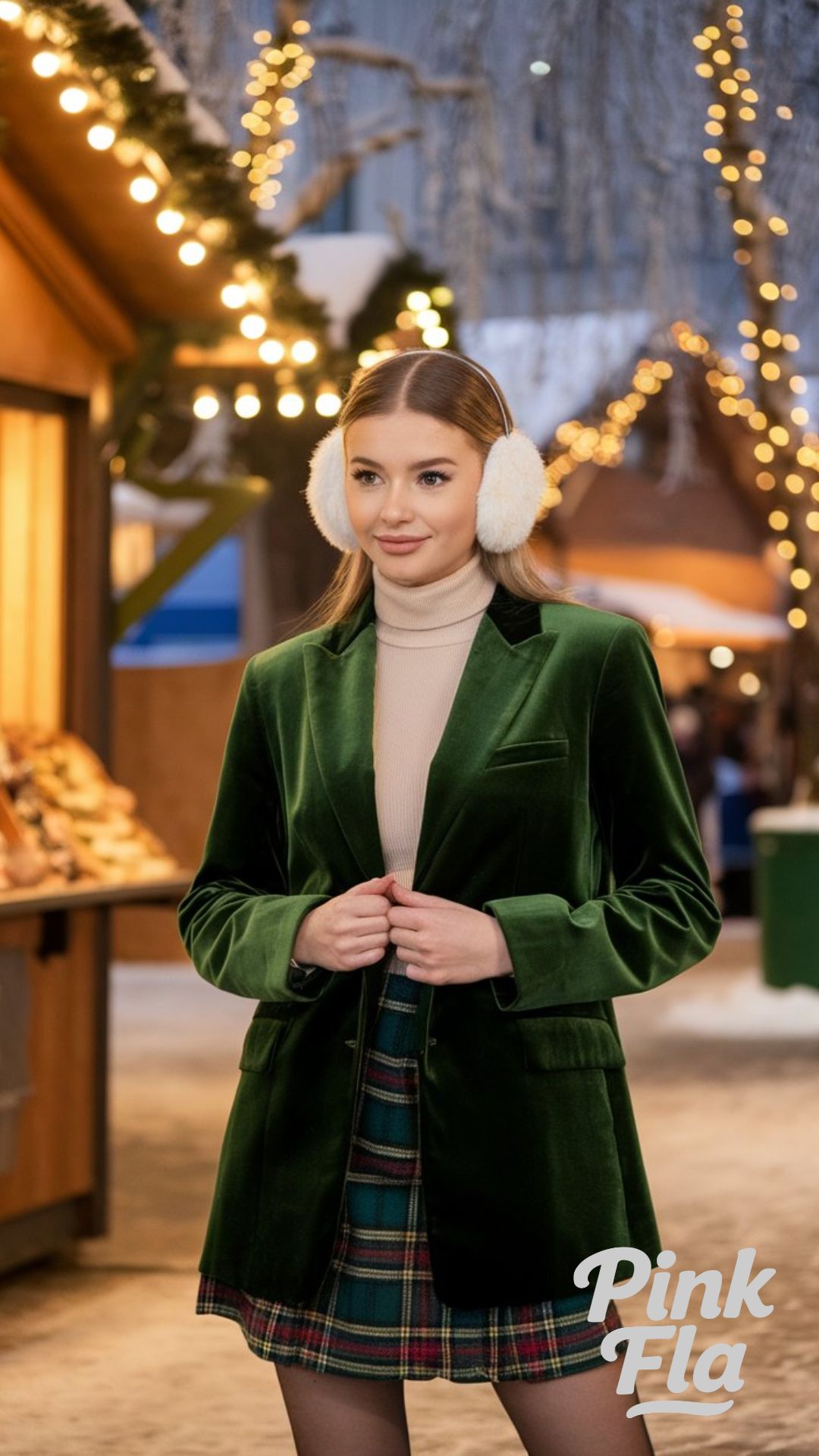 Velvet Blazer and Tartan Skirt: Perfect for Holiday Market Wandering - Christmas Outfits with a Skirt