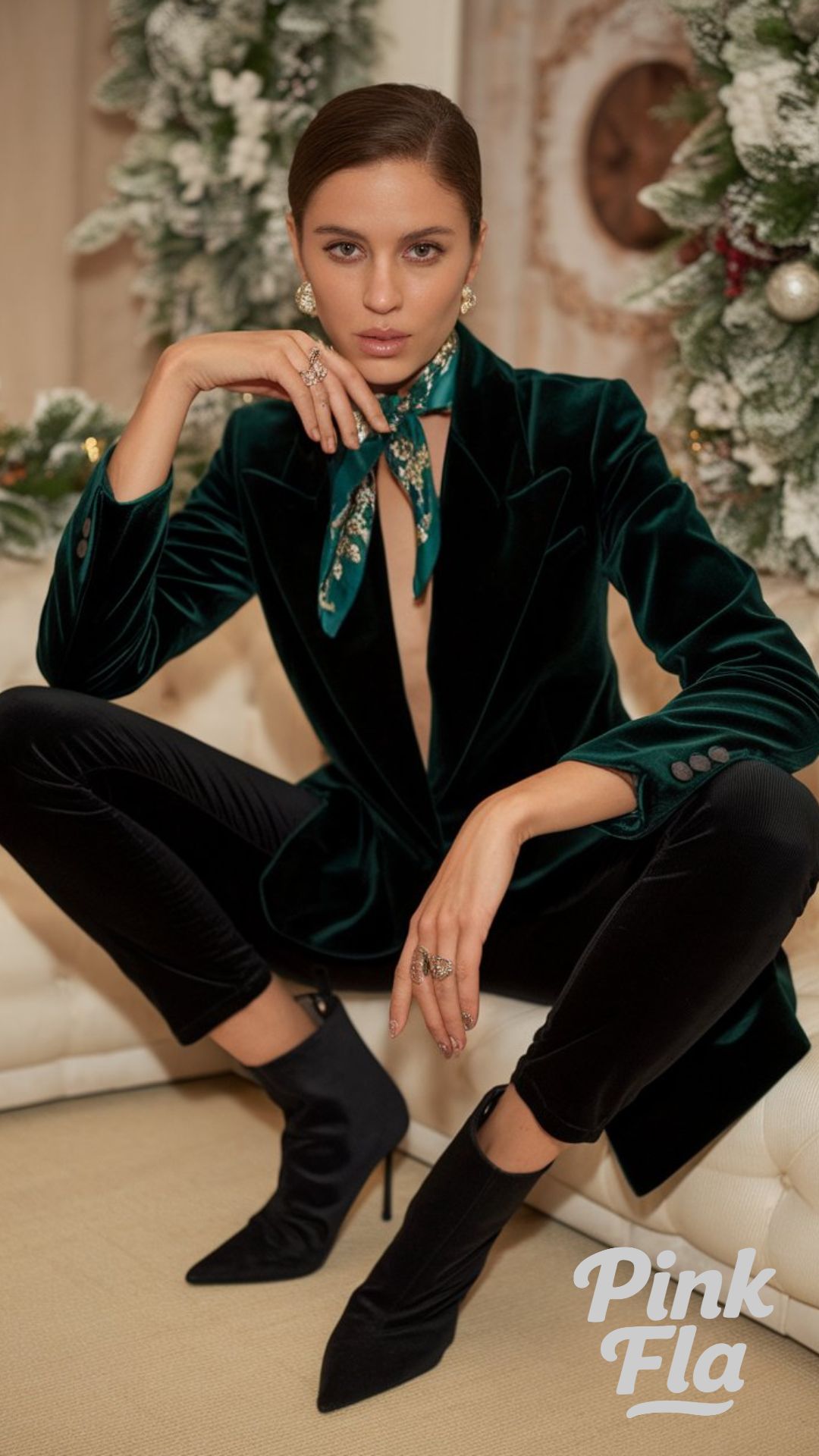 Velvet Blazer with Slim Pants and Heeled Boots - Christmas Outfits with Ankle Boots