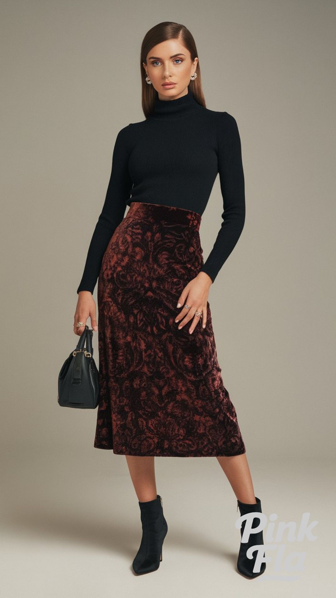Velvet Midi Skirt with Black Turtleneck - Christmas Outfits with Boots
