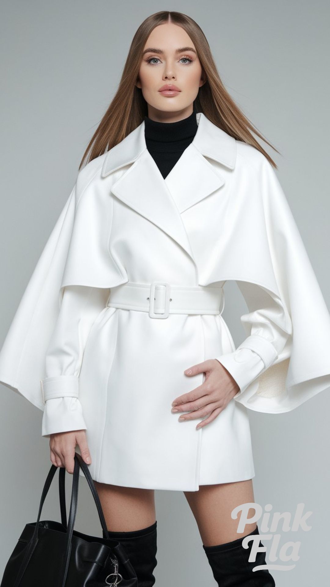 White Cape Coat with Black Over-the-Knee Boots - Christmas Outfits with Boots