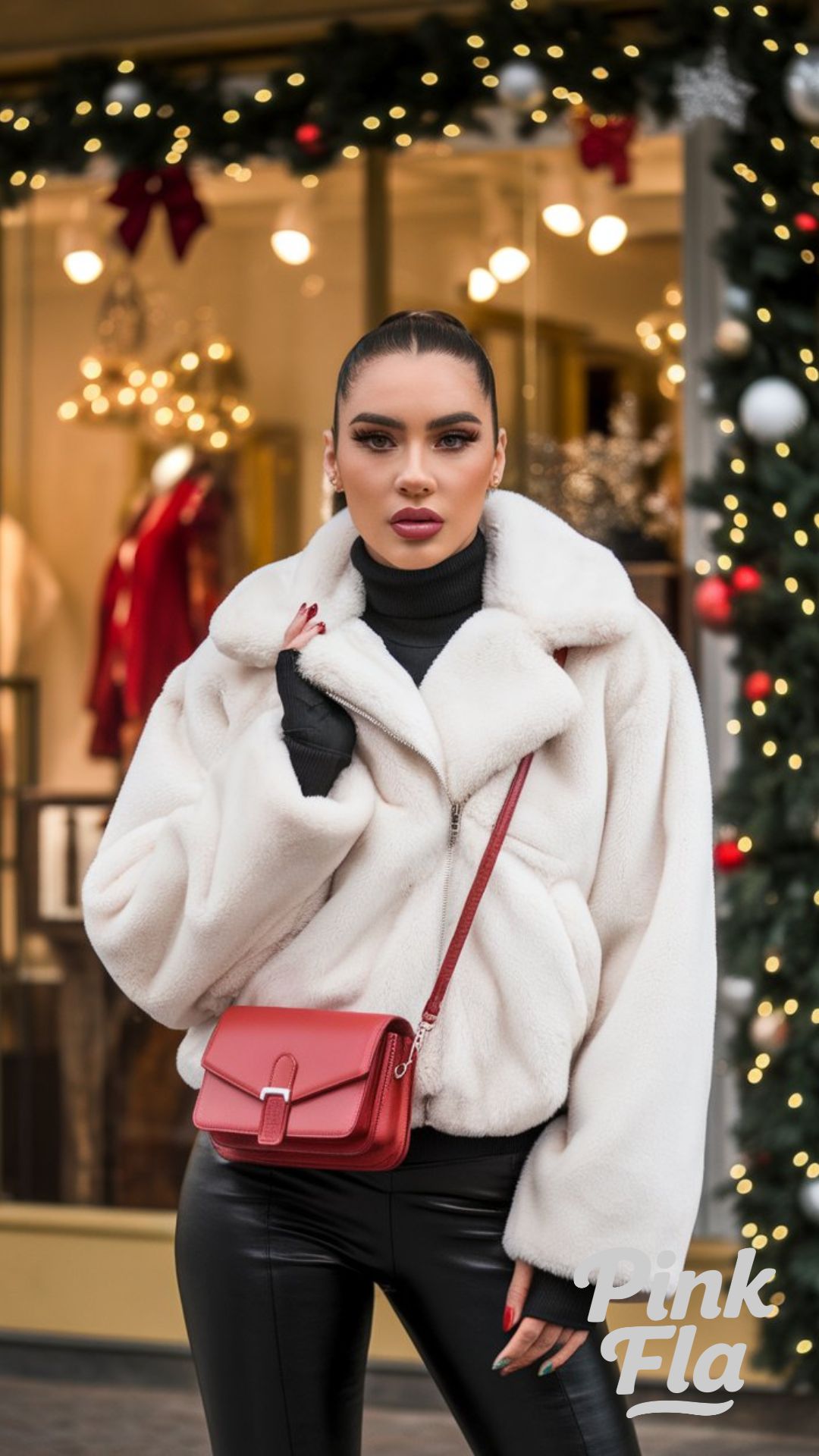 White Faux Fur and Leather Pants with a Bold Red Bag - Winter Outfits with Red Bag