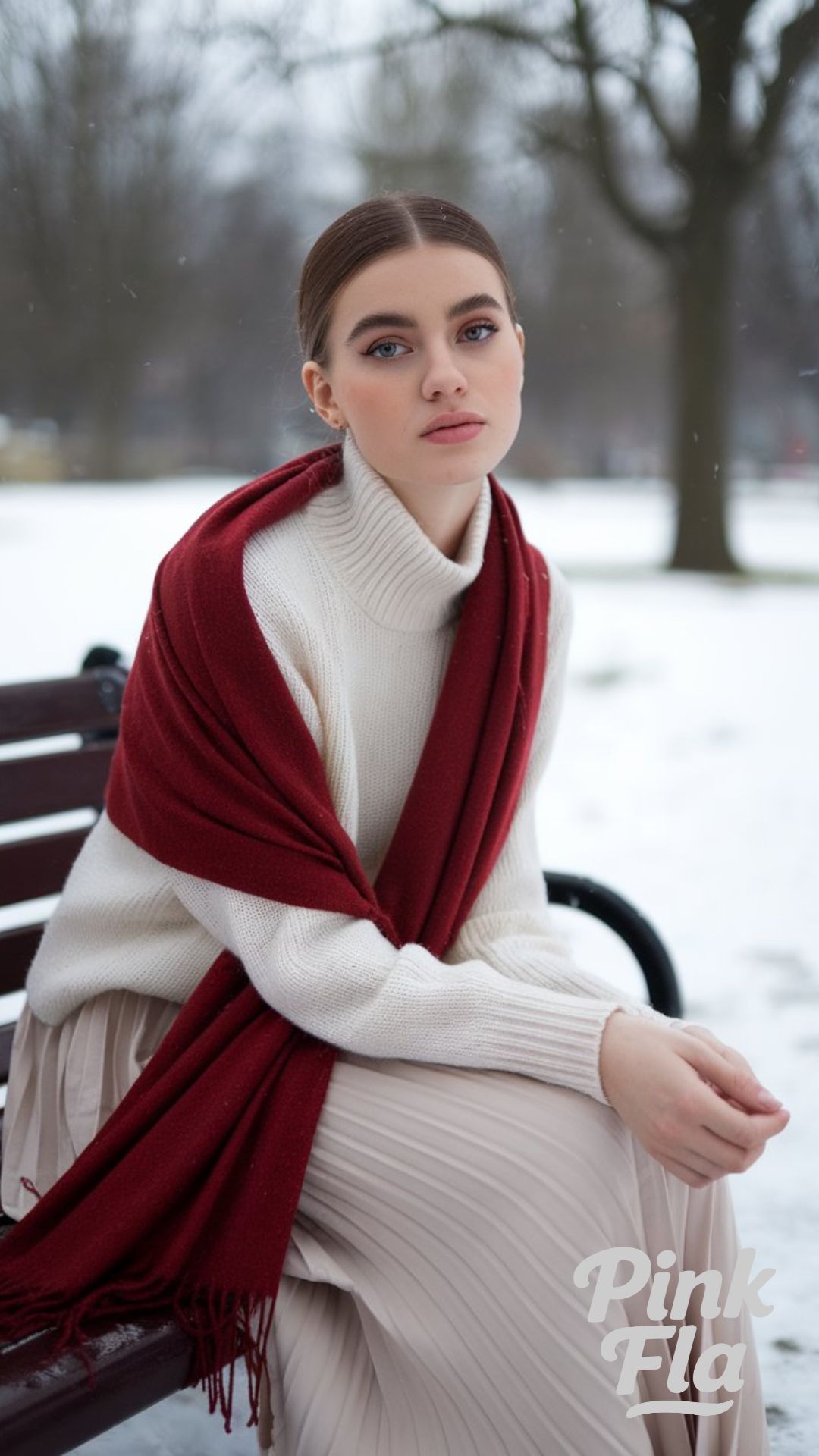 Winter Elegance with a Cream Sweater and Red Scarf - Winter Outfits with Red Scarf