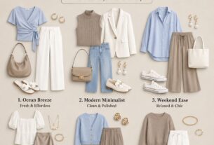 Taupe White and Blue Outfits