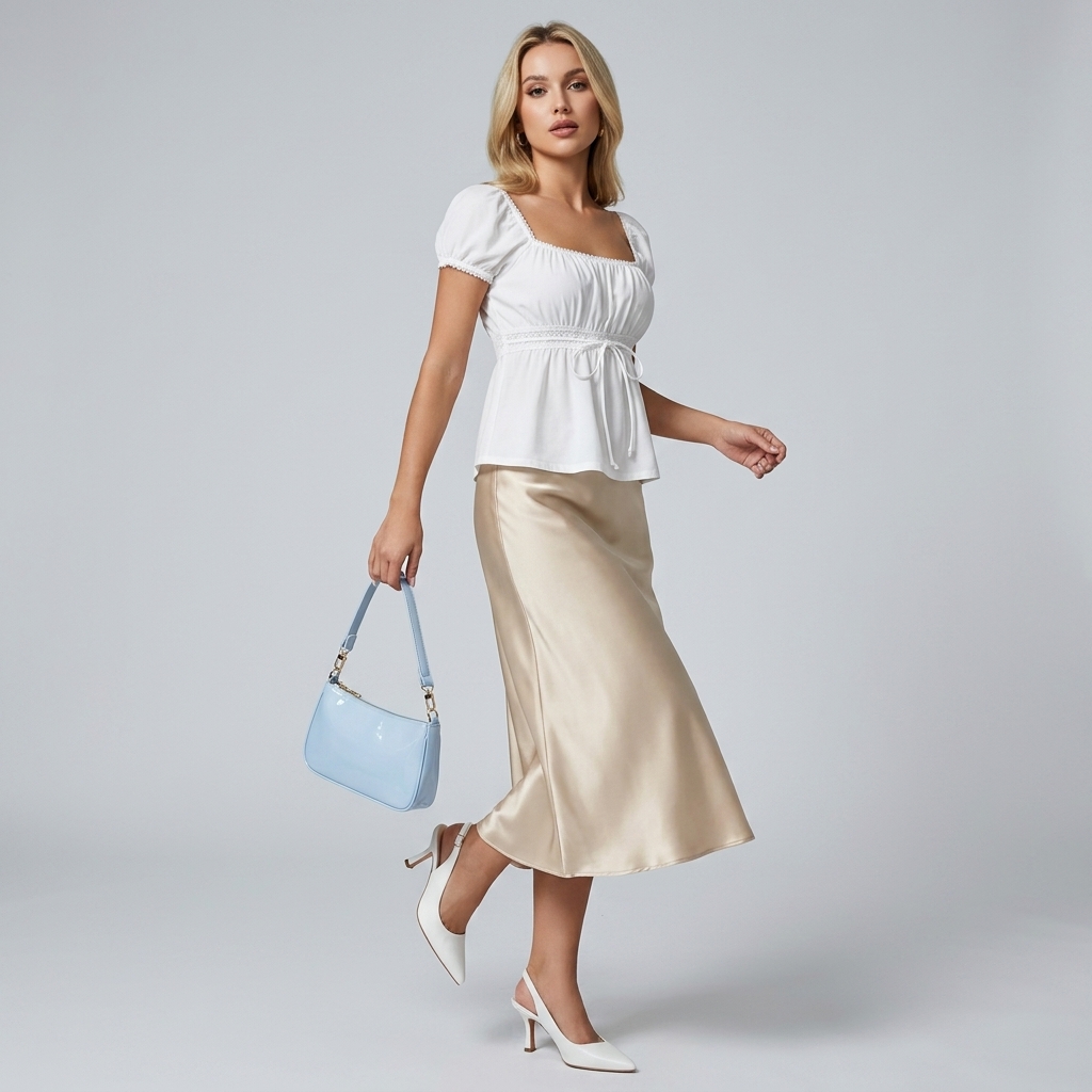 Soft Feminine Romantic & Elegant - Taupe White and Blue Outfits