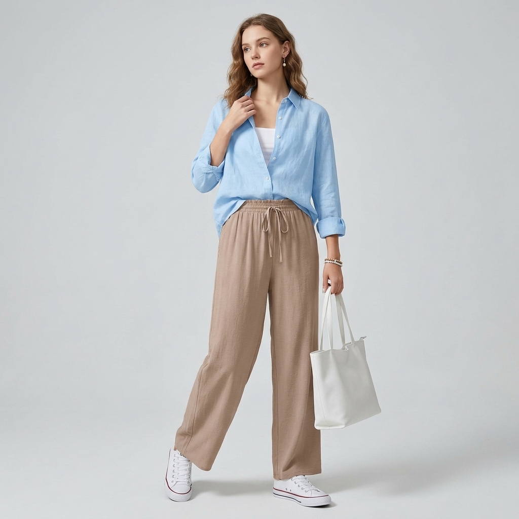 Weekend Ease Relaxed & Chic - Taupe White and Blue Outfits
